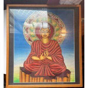 Hand-Painted Buddha Art on Linen – Framed, Serene Spiritual Painting